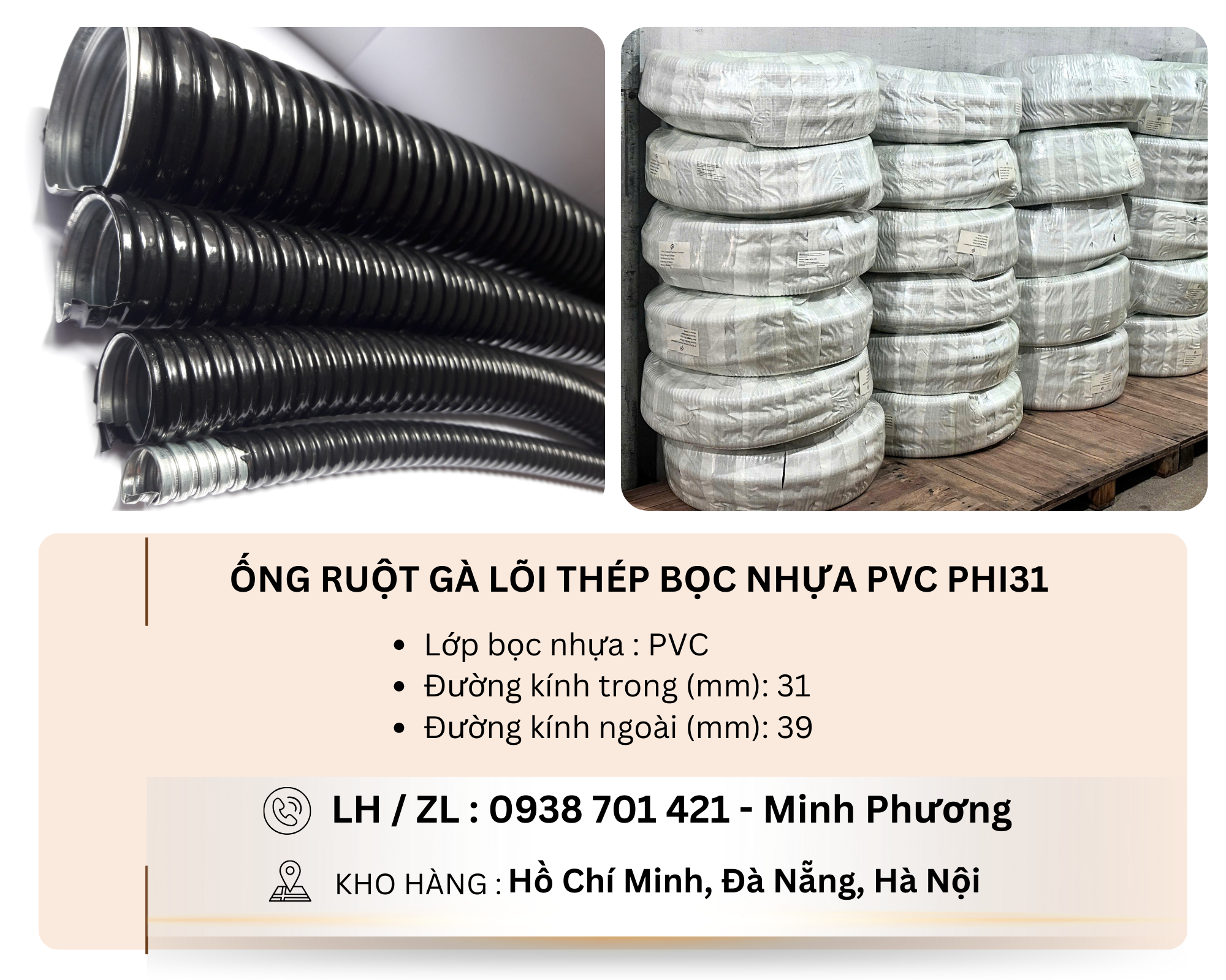 Ống ruột gà lõi thép bọc nhựa PVC phi31 Đà Nẵng, Bình Định, Quảng Trị
